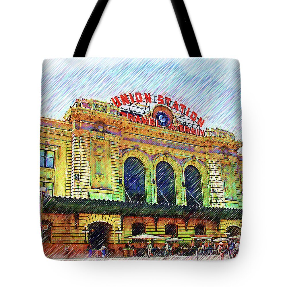 Railway-station Tote Bag featuring the digital art Denver Union Station Sketched by Kirt Tisdale