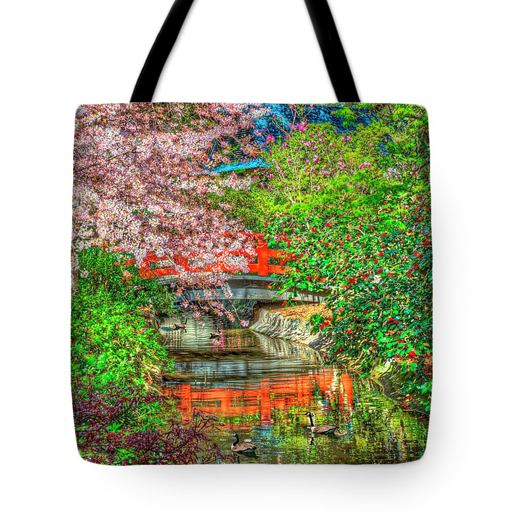 Descanso Gardens Features Nine Botanical Collections Tote Bag featuring the photograph Descanso Gardens Cherry Blossoms stream by David Zanzinger