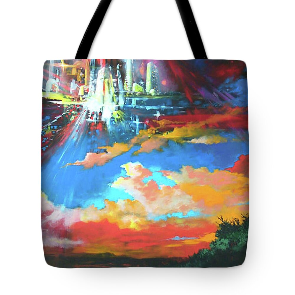 Surreal Tote Bag featuring the painting Descent of New Jerusalem by Pat Wagner