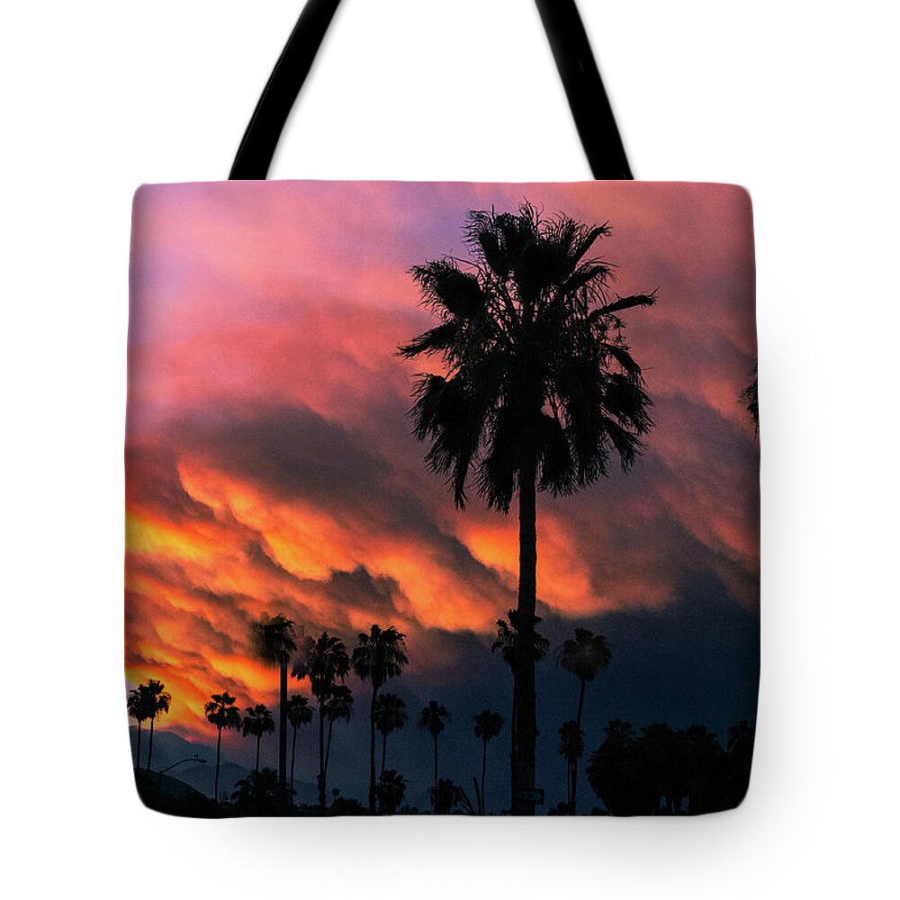 Vivid Tote Bag featuring the photograph Desert Monsonial Sky, Palm Tree Silhouette by Bonnie Colgan