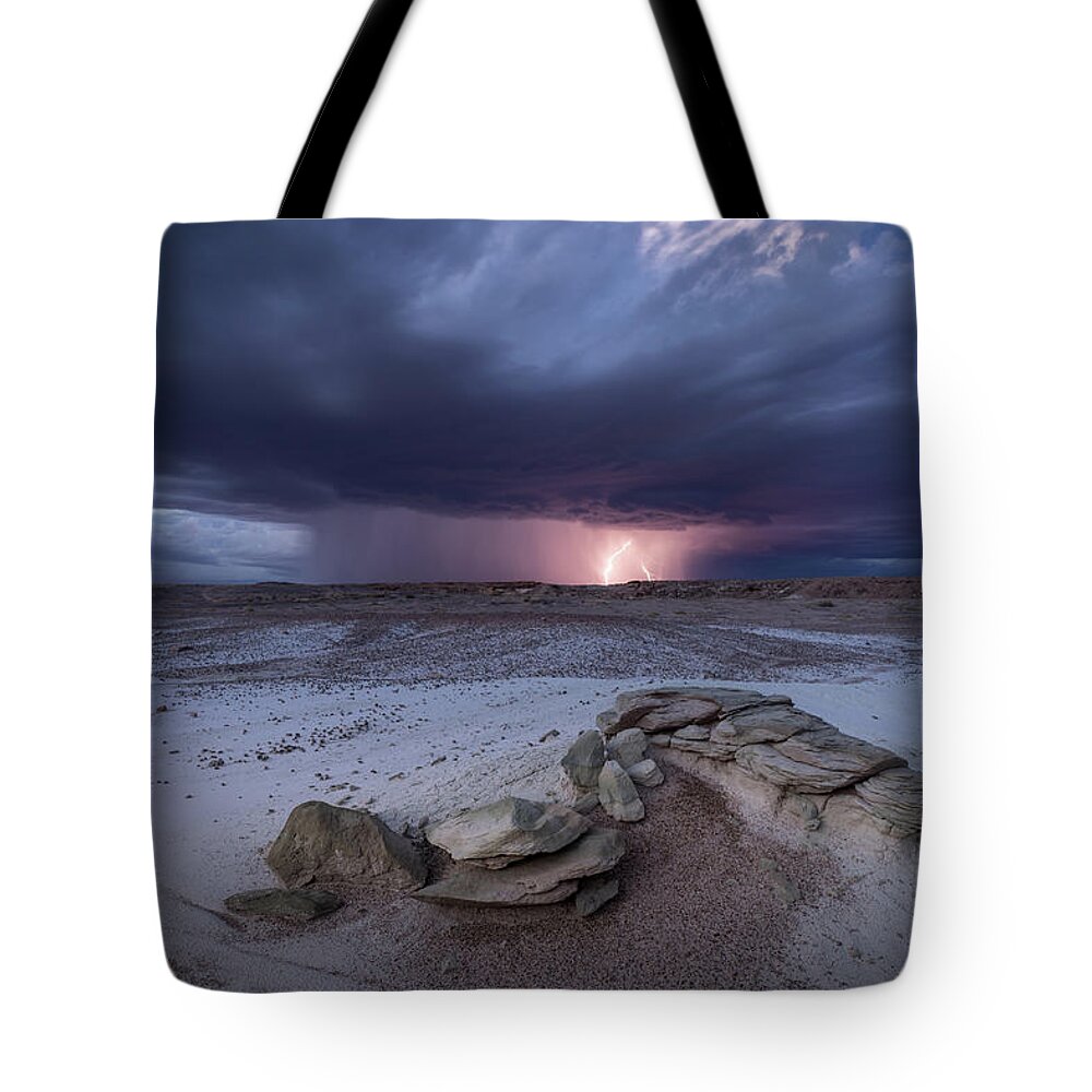 Storm Tote Bag featuring the photograph Desert Storm with Lightning by Wesley Aston