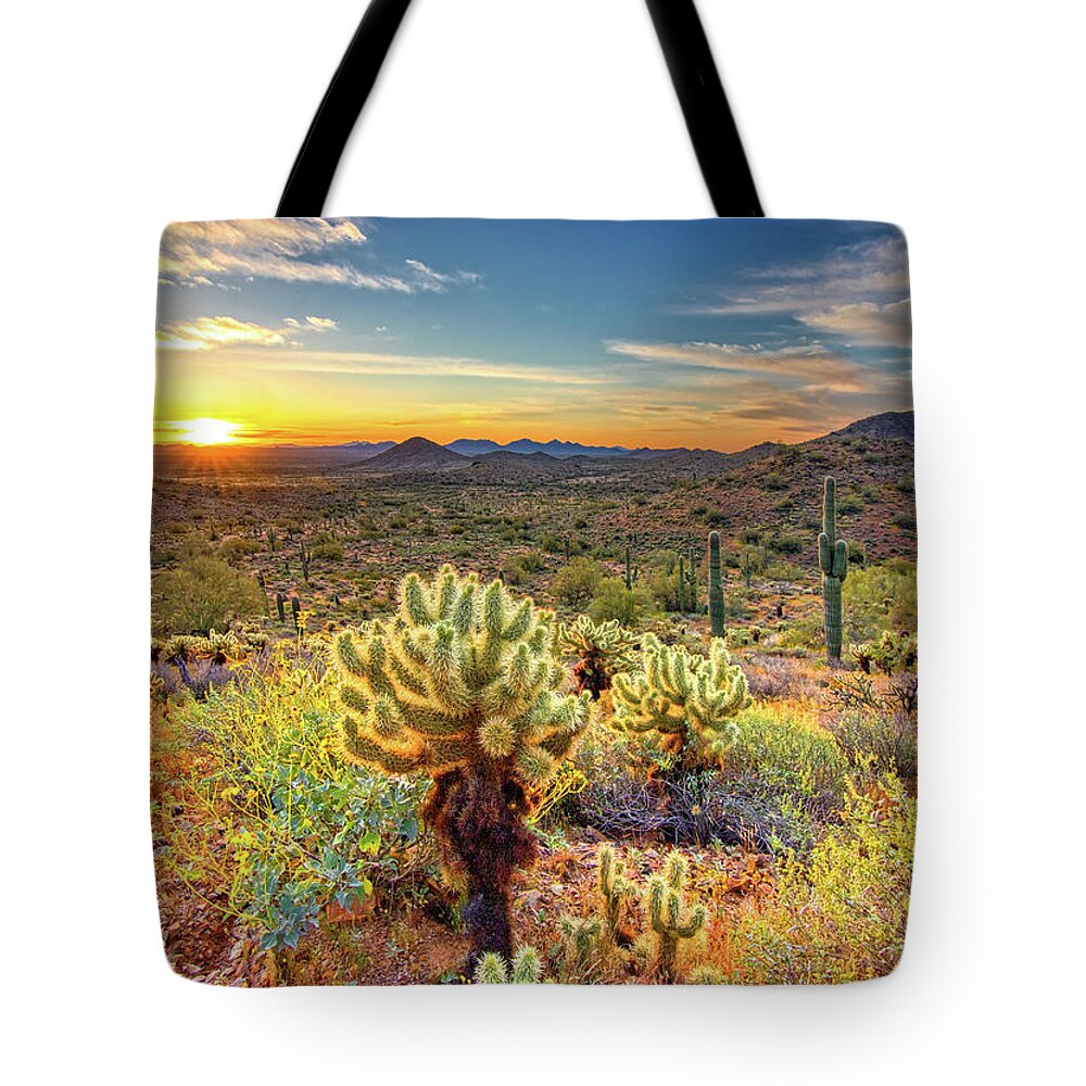 Sunrise Tote Bag featuring the photograph Desert Sunrise by Bob Falcone