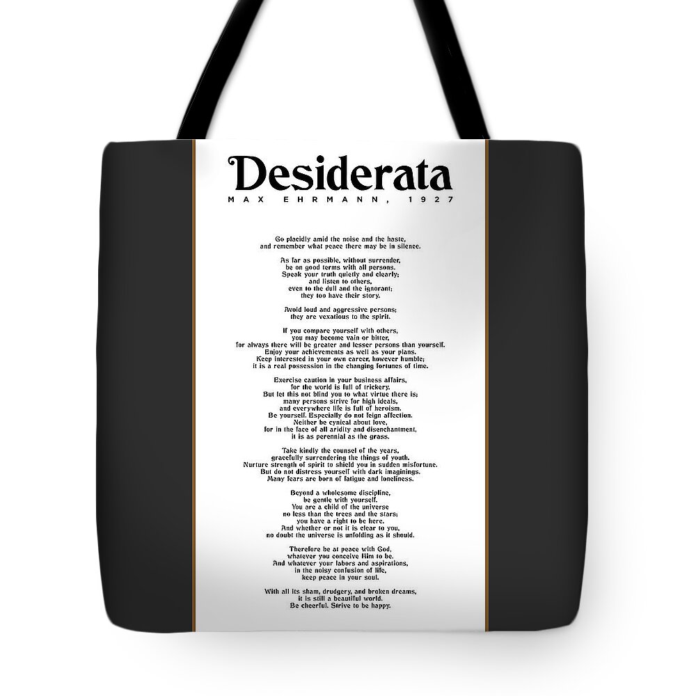 Desiderata Tote Bag featuring the mixed media Desiderata by Max Ehrmann - Literary print 7 - Go Placidly Amid the noise and the haste by Studio Grafiikka