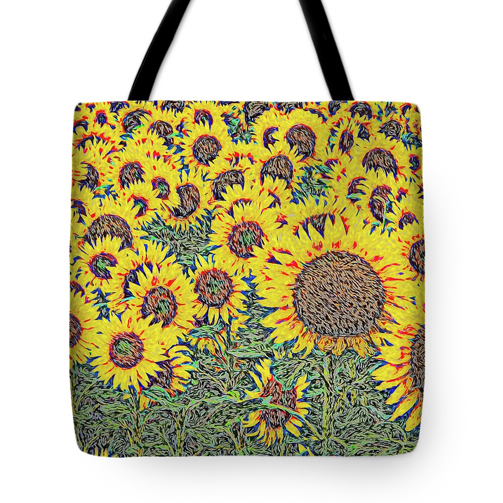 Sunflower Tote Bag featuring the digital art Designs on Sunflowers by Douglas Wielfaert