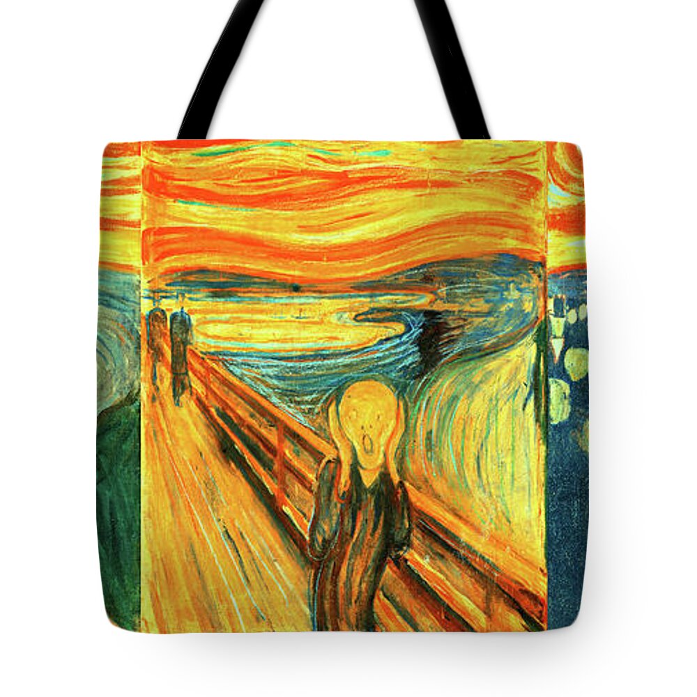 The Scream Tote Bag featuring the digital art Despair, Scream and Anxiety by Edvard Munch - collage by Nicko Prints
