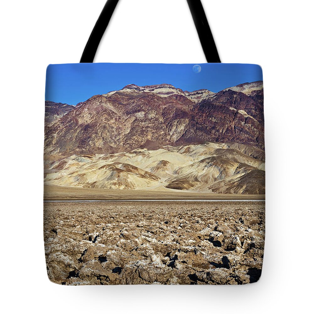 Tom Daniel Tote Bag featuring the photograph Devil's Golf Course Mts and Moon by Tom Daniel