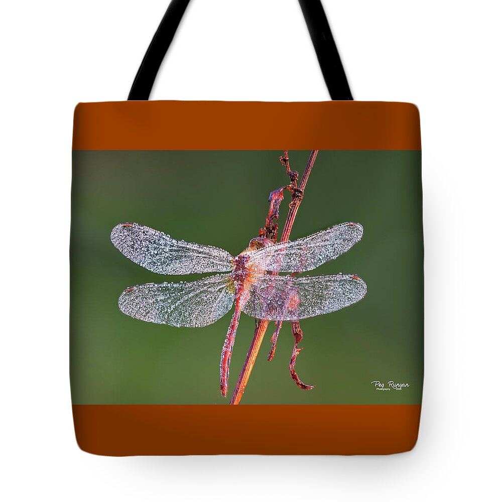 Dragonfly Tote Bag featuring the photograph Dew on the Wings by Peg Runyan
