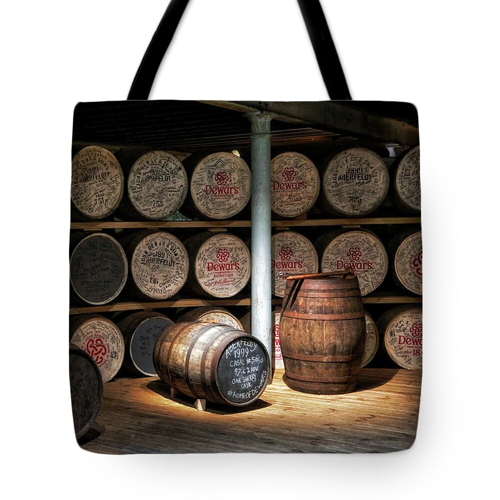 John Dewar & Sons Tote Bag featuring the photograph Dewar's Aberfeldy Cask Tasting Room - Scotland - Whisky by Jason Politte