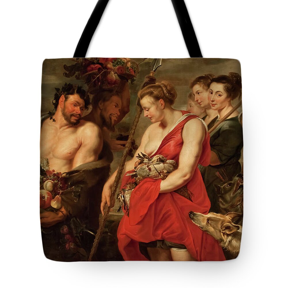 Peter Paul Rubens Tote Bag featuring the painting Diana Presenting the Catch to Pan by Peter Paul Rubens #1 by Mango Art