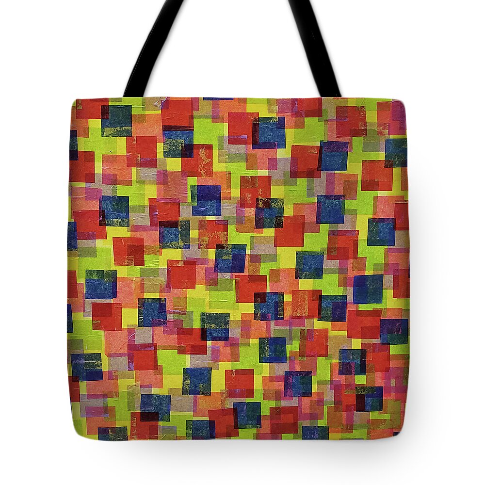 Abstract Tote Bag featuring the mixed media DIMENSIONAL POP Abstract Squares in Primary Red Yellow Blue Green by Lynnie Lang
