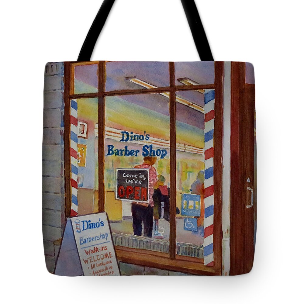 Canada Tote Bag featuring the painting Dino's Barbershop by David Gilmore