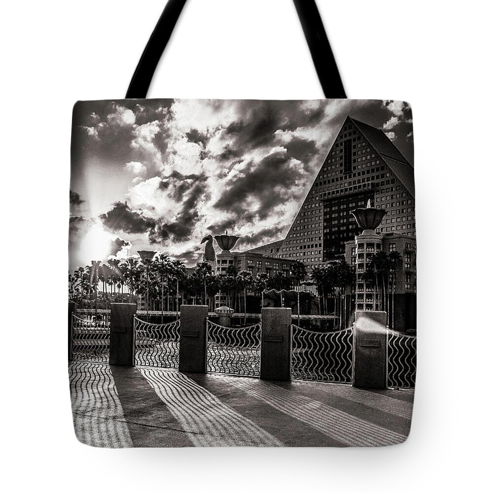 Disney Tote Bag featuring the photograph Disney Dolphin Hotel BW by Jason Nicholas