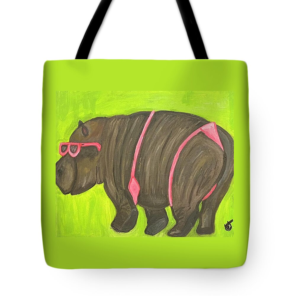 Hippo Tote Bag featuring the painting Do I Look Fat?  by Anita Hummel