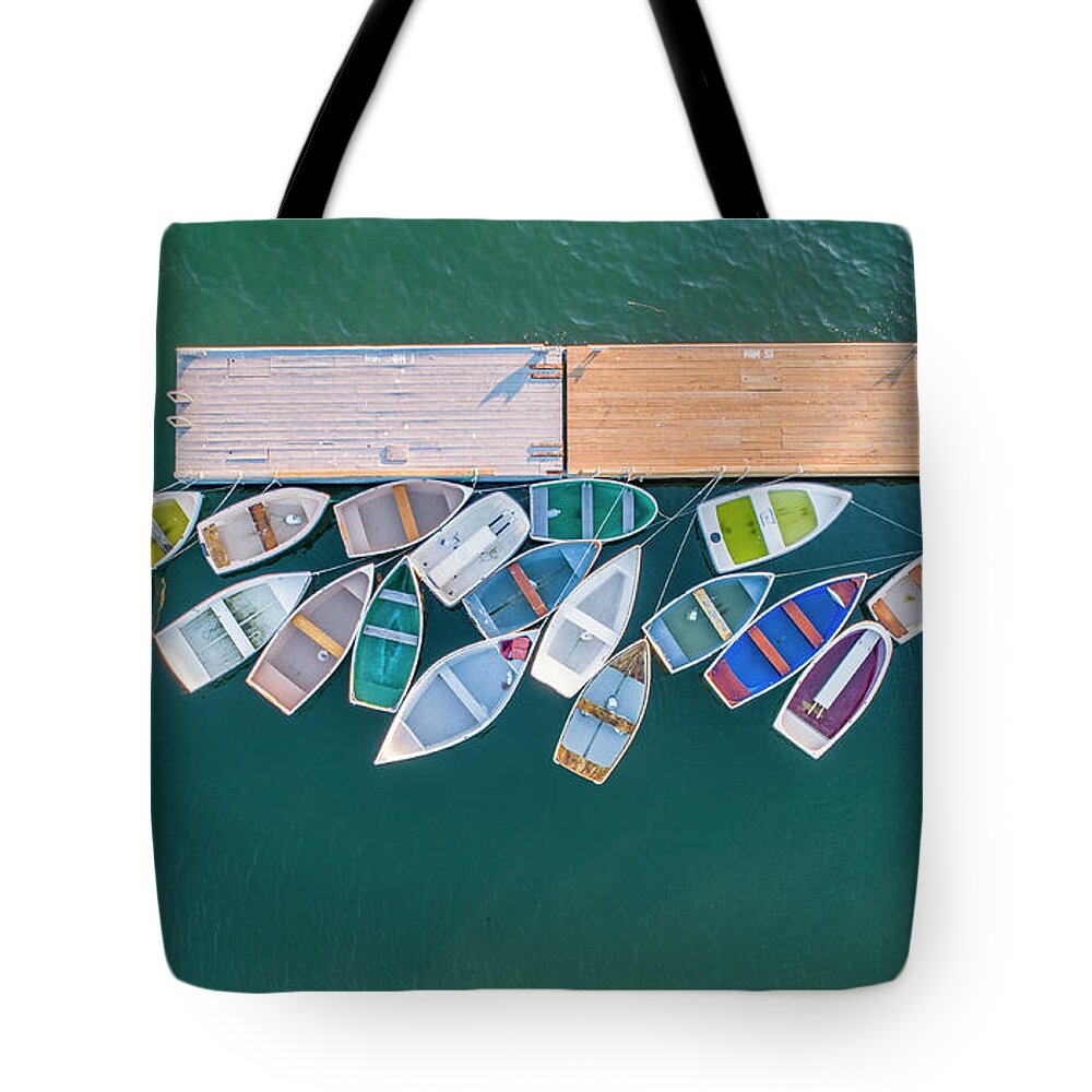 Docks Tote Bag featuring the photograph Dock and Dory by Veterans Aerial Media LLC