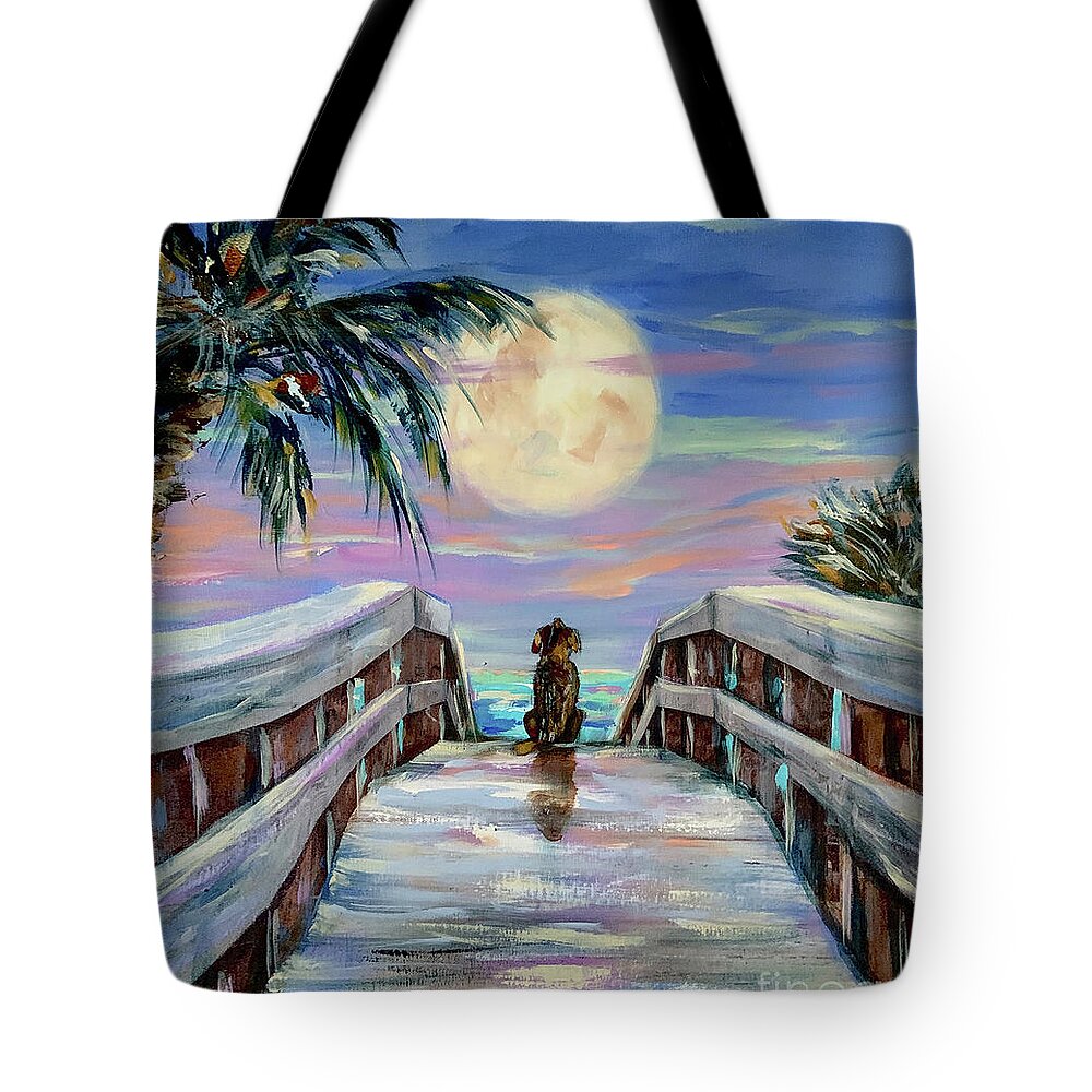  Tote Bag featuring the painting Dog and Moon pillow by Linda Olsen
