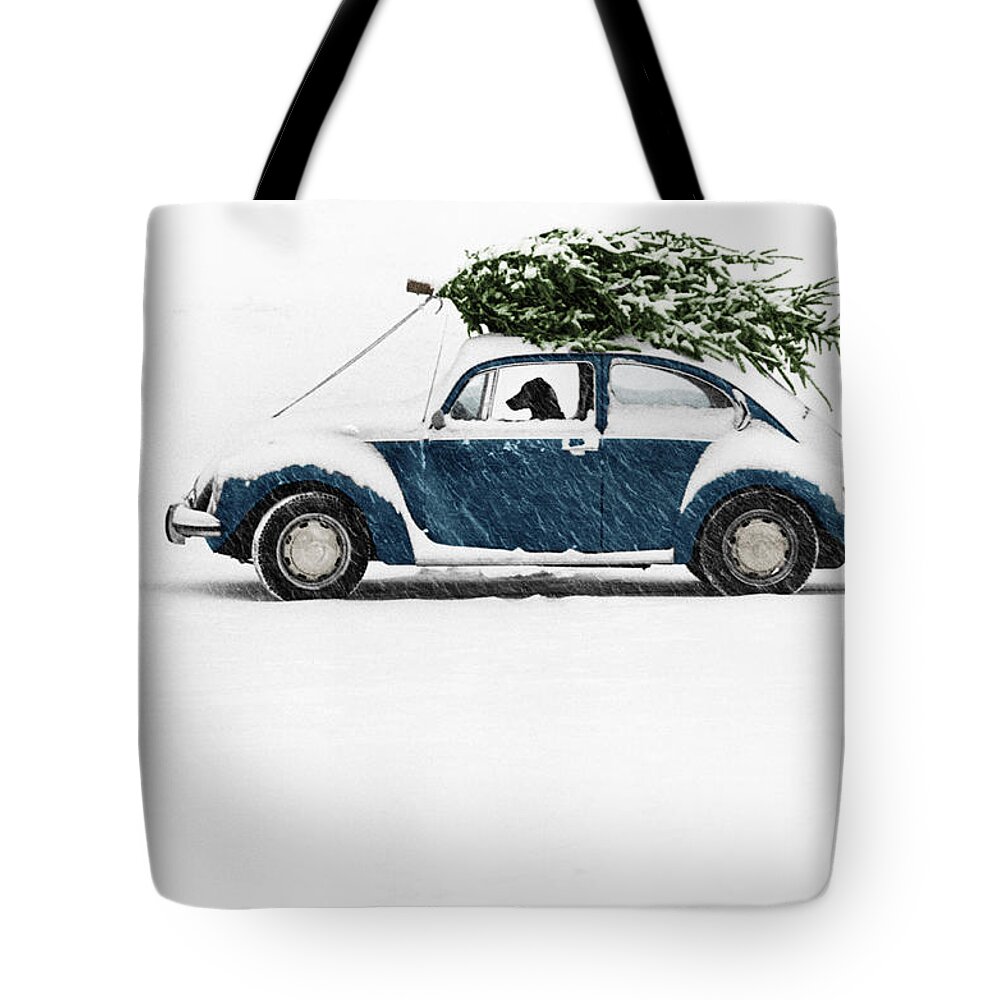 Americana Tote Bag featuring the photograph Dog in Car with Christmas Tree by Ulrike Welsch