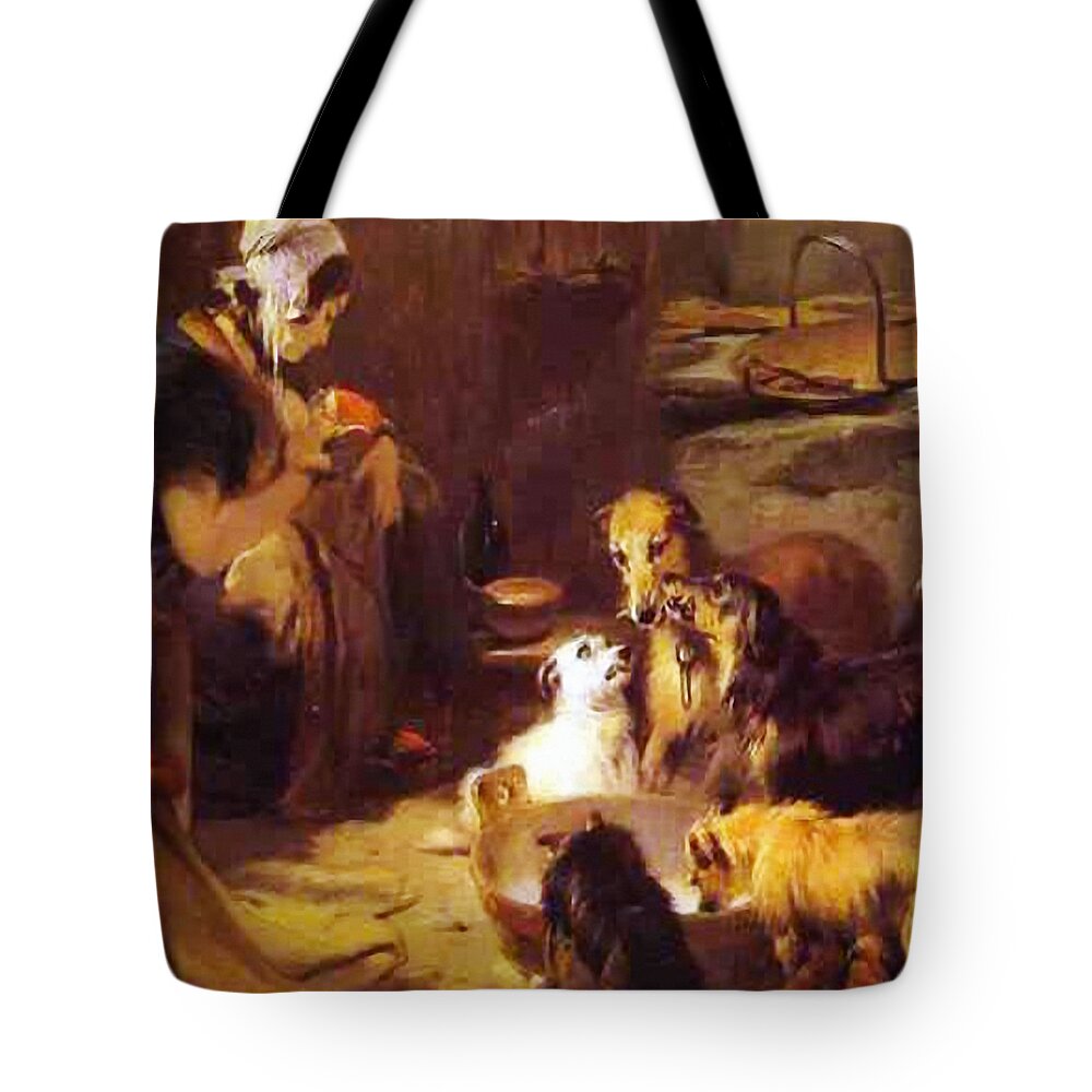 Grooming Tote Bag featuring the mixed media Dog - Shared Breakfast by Edwin Landseer