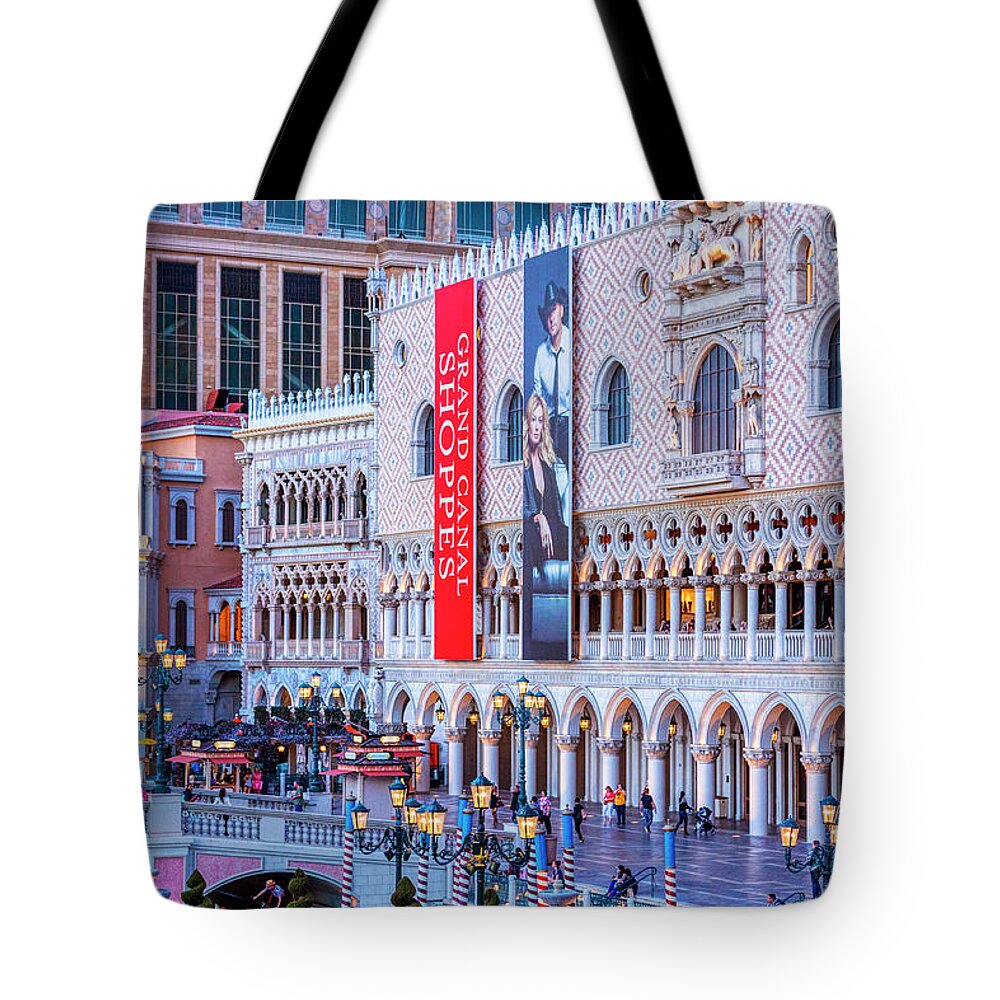 The Venetian Las Vegas Tote Bag featuring the photograph Doge's Palace Plaza Las Vegas, at dusk by Tatiana Travelways