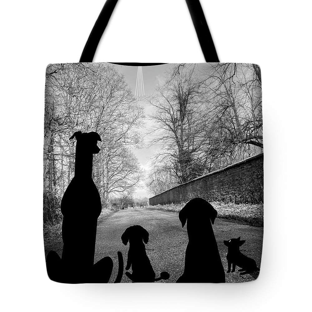 Dogs Tote Bag featuring the digital art Dogs Spy Alien in Flying Saucer by Donna Mibus