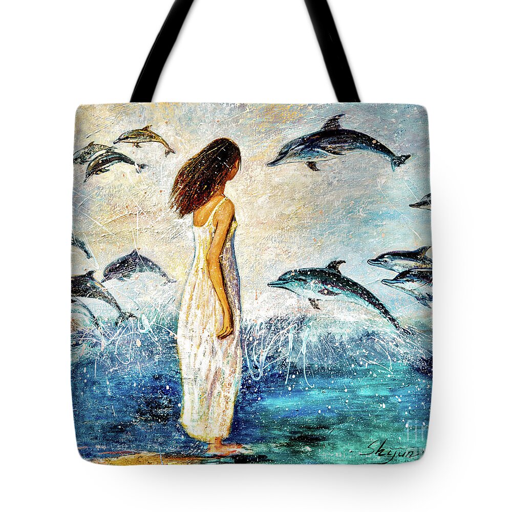 Dolphin Tote Bag featuring the painting Dolphin Bay by Shijun Munns