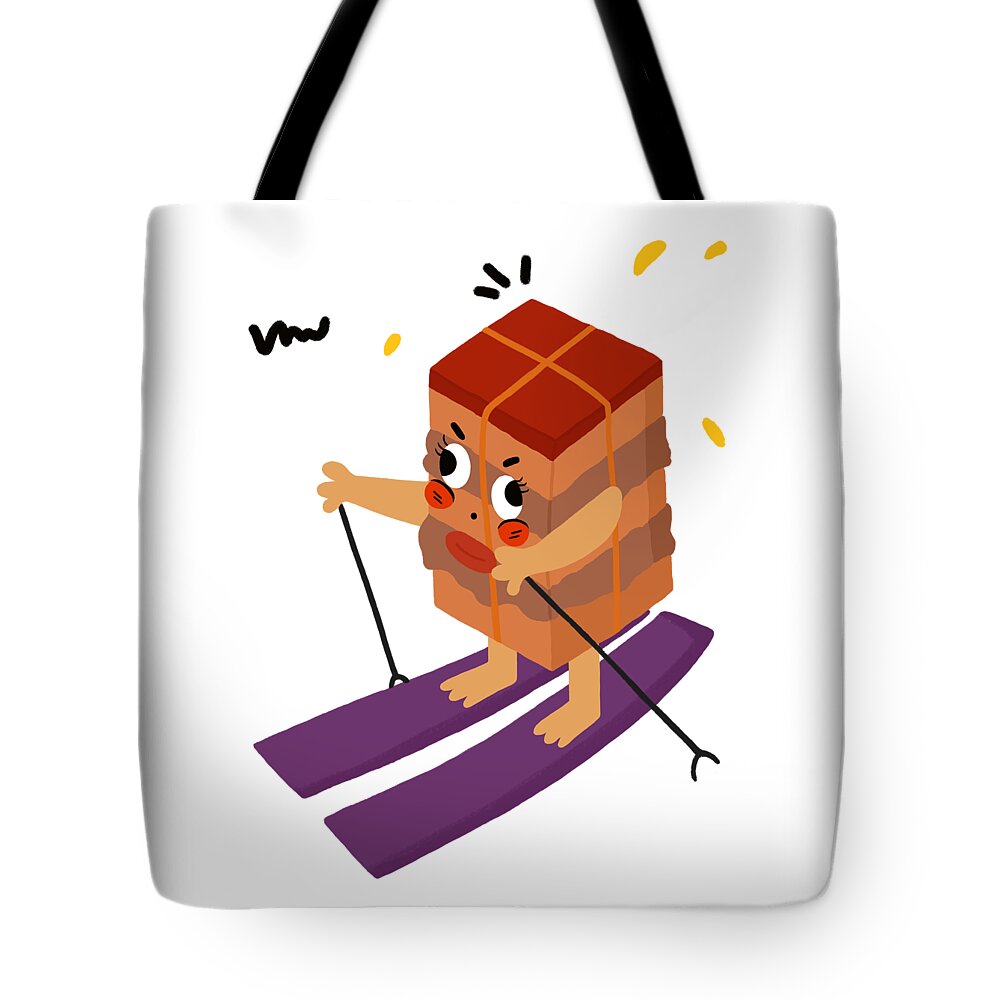 Dongpo Meat Tote Bag featuring the drawing Dongpo's braised pork loves skiing by Min Fen Zhu