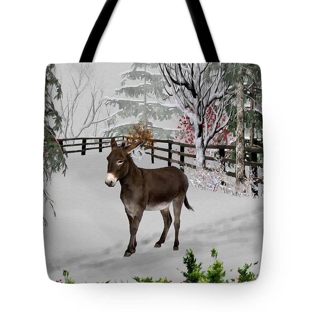 Donkey Tote Bag featuring the mixed media Donkey In The Winter Corral Color by David Dehner
