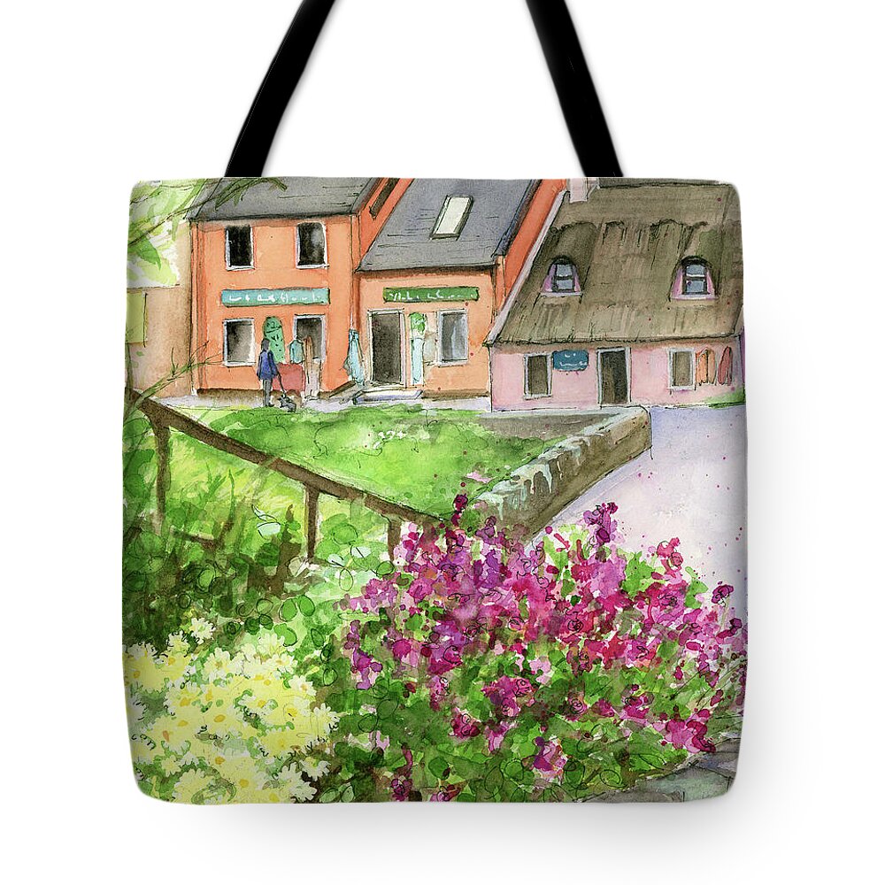Doolin Tote Bag featuring the painting Doolin Ireland Shops and Flowers by Rebecca Matthews