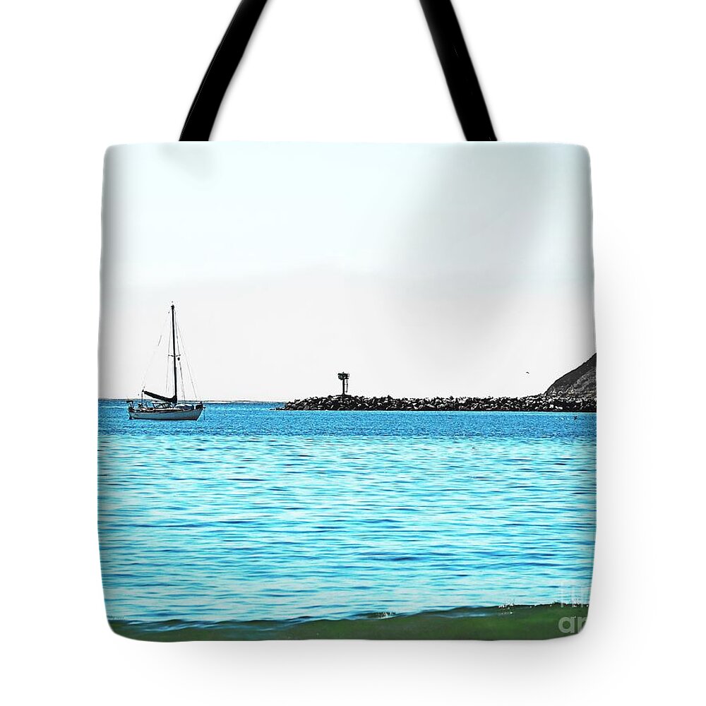 Travel Seascape Boat Beach Bodega Bay Northern California Coastline Ocean Jetty Surf Tide Blue Sky Fog Bank Waves Relaxing Summer Pastel Color Tote Bag featuring the photograph Doran Beach High Tide Summer by Richard Thomas