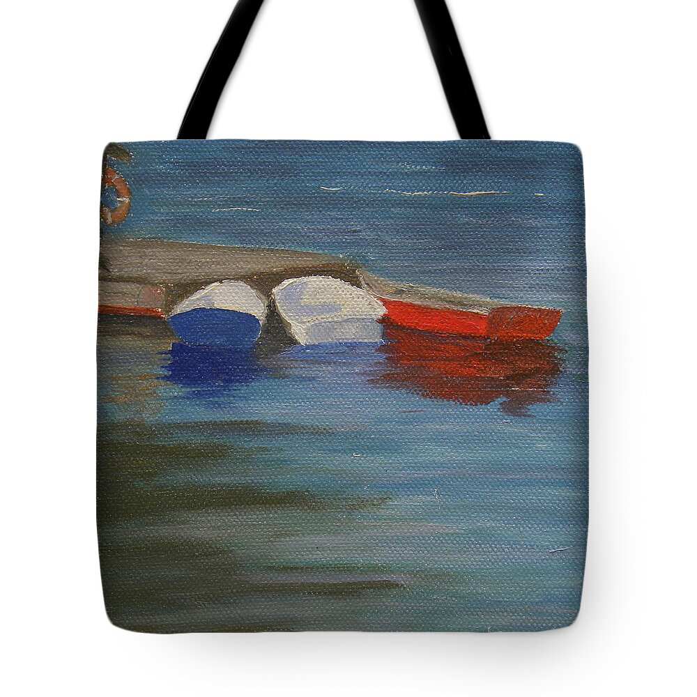 Ocean Water Chamberlain Maine Docks Tote Bag featuring the painting Dory Me by Scott W White