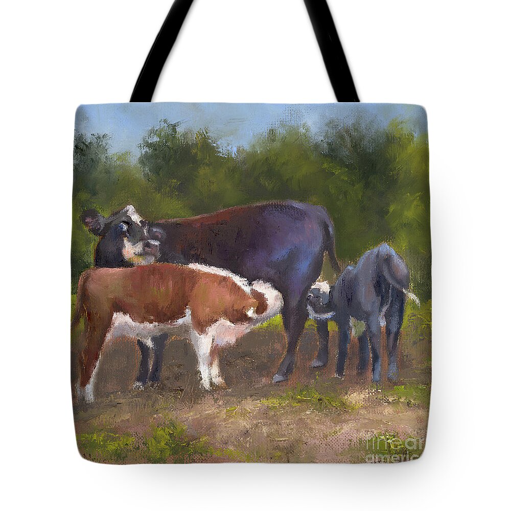 Two Calves Nursing On A Cow Tote Bag featuring the painting Double Dairy Delight by Terri Meyer