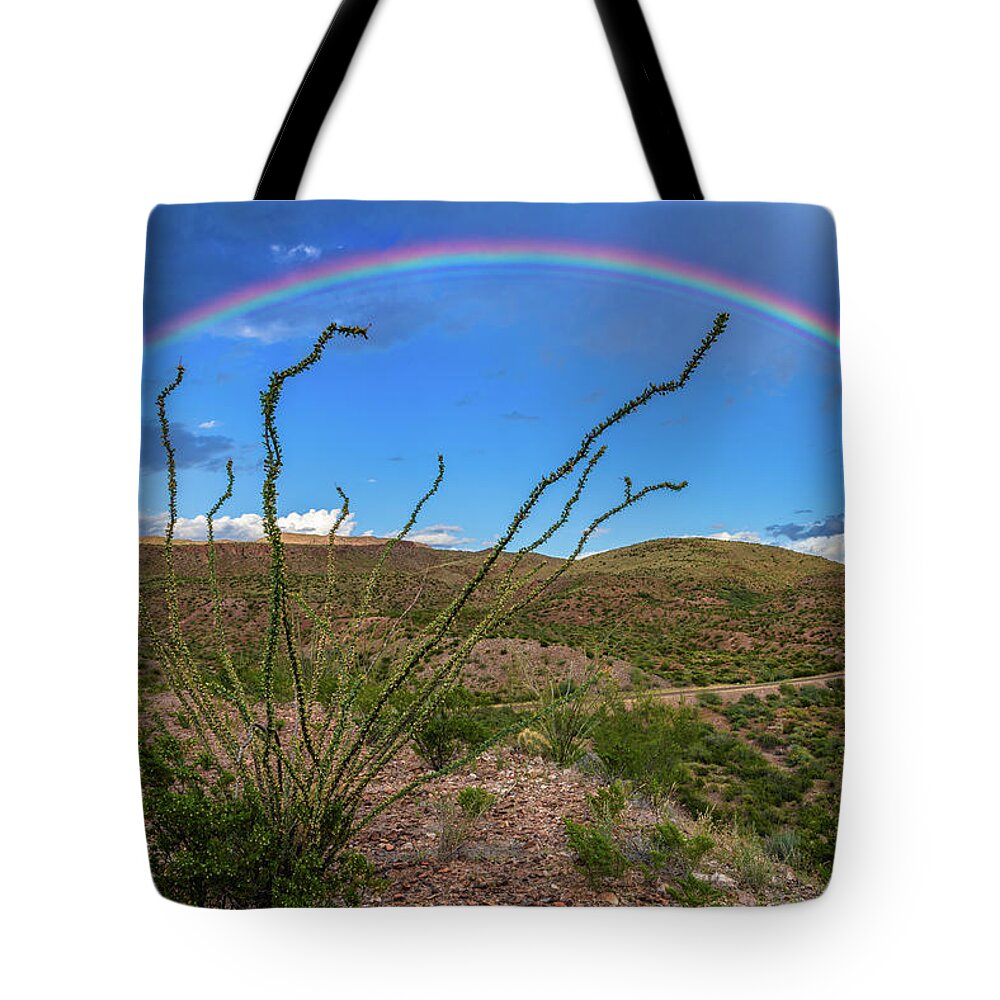 Landscape Tote Bag featuring the photograph Double Desert Rainbow by Erin K Images