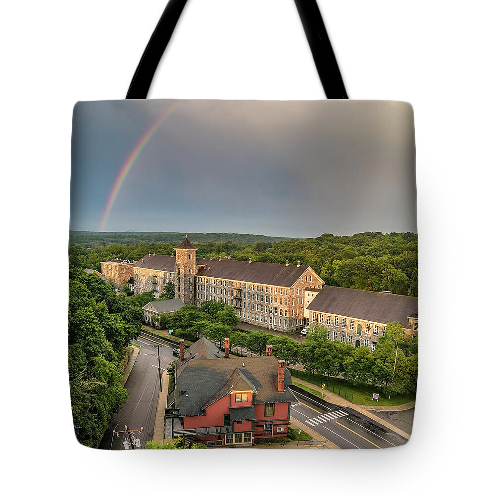 Thread Mill Tote Bag featuring the photograph Double Rainbow Thread Mill by Veterans Aerial Media LLC