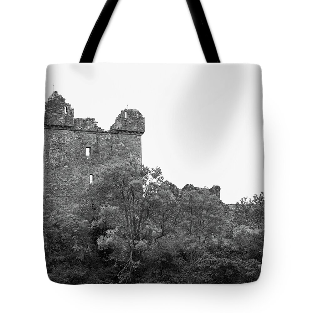 Architecture Tote Bag featuring the photograph Doune Castle BW by Christi Kraft