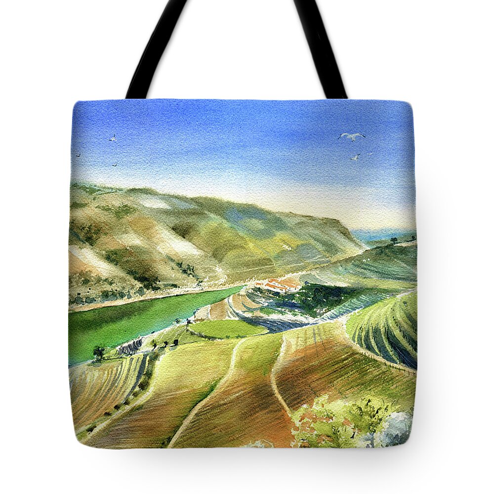 Portugal Tote Bag featuring the painting Douro Valley Scenery Painting by Dora Hathazi Mendes