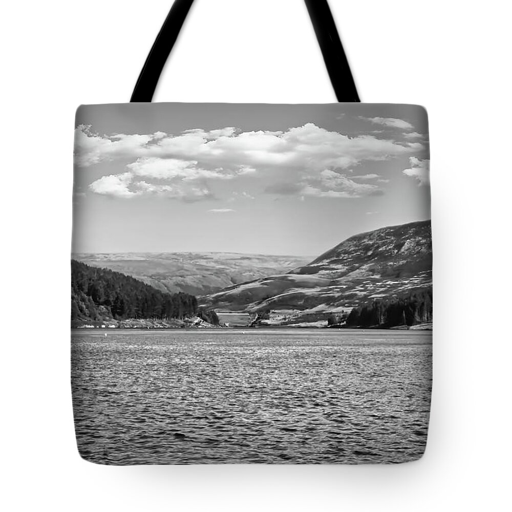 Dove Stone Reservoir Tote Bag featuring the photograph Dove Stone Reservoir-Monochrome by Pics By Tony