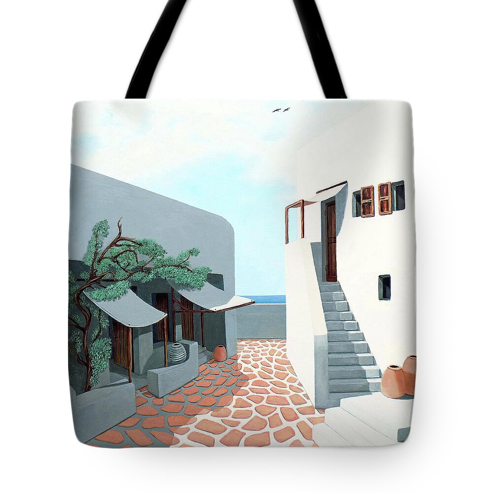 Greek Island Art Tote Bag featuring the painting Down by the Sea in Mykonos-Original-Prints-Decor-more by Mary Grden