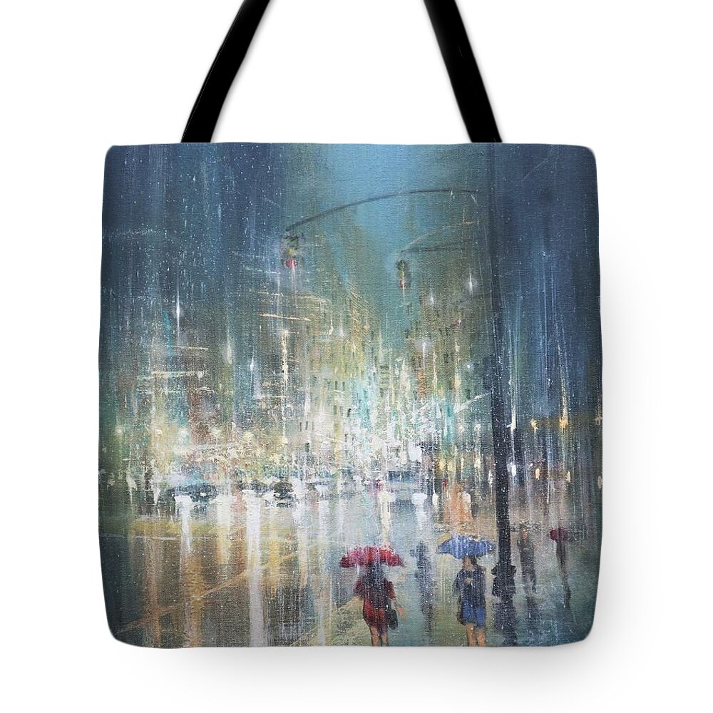  City Rain Tote Bag featuring the painting Downpour Manhattan by Tom Shropshire