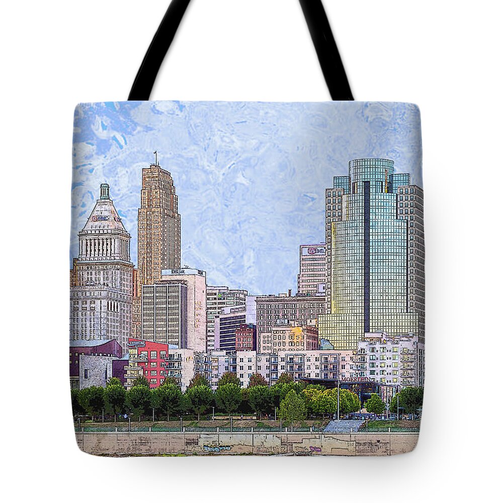 Cincinnati Tote Bag featuring the digital art Downtown Cincinnati - the Banks by Bentley Davis