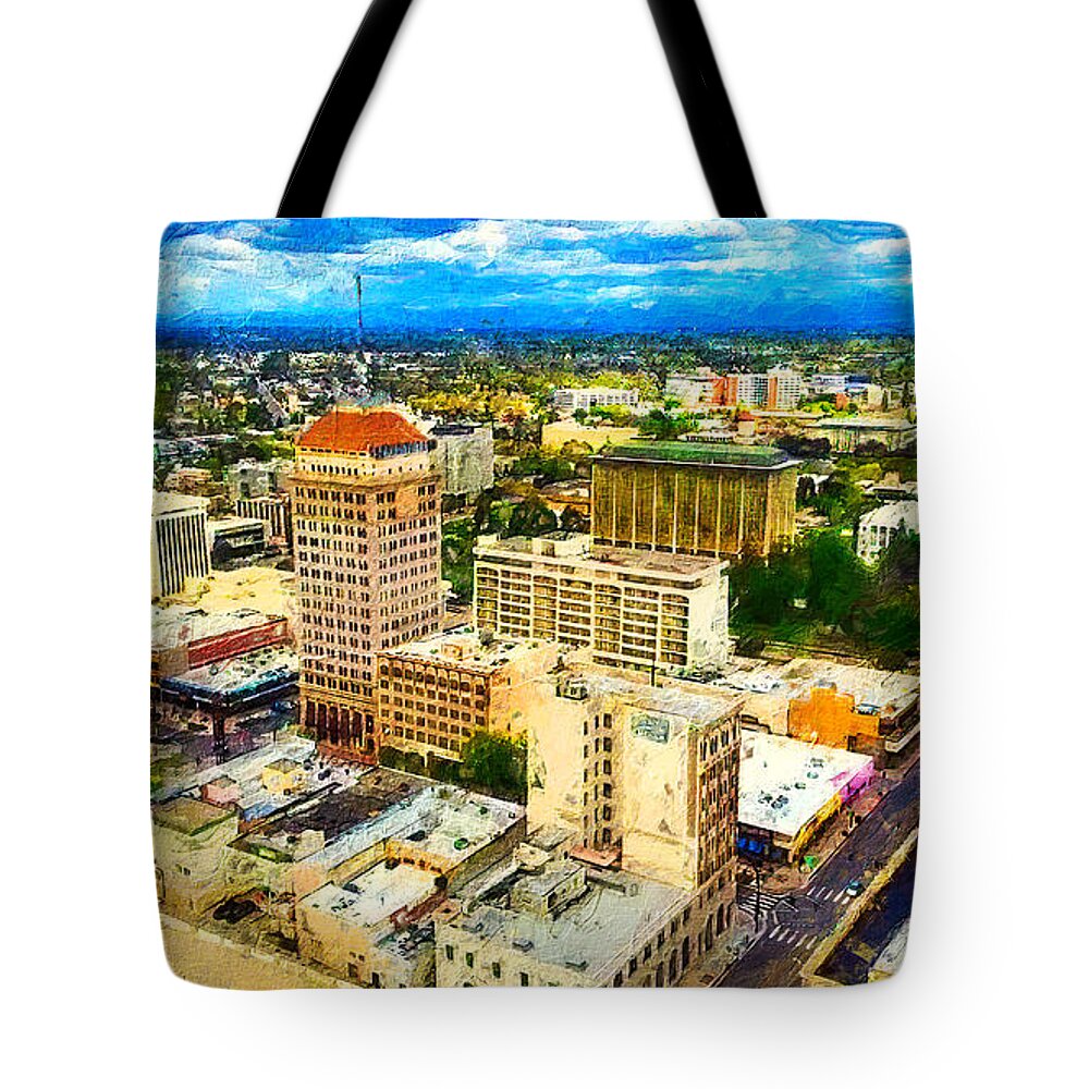 Fresno Tote Bag featuring the digital art Downtown Fresno, California, digital painting by Nicko Prints