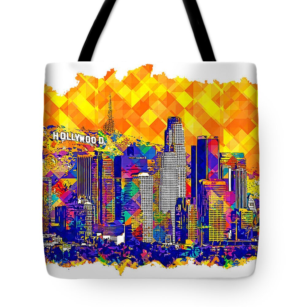 Los Angeles Tote Bag featuring the digital art Downtown Los Angeles skyline with the Hollywood sign in the background - colorful digital painting by Nicko Prints