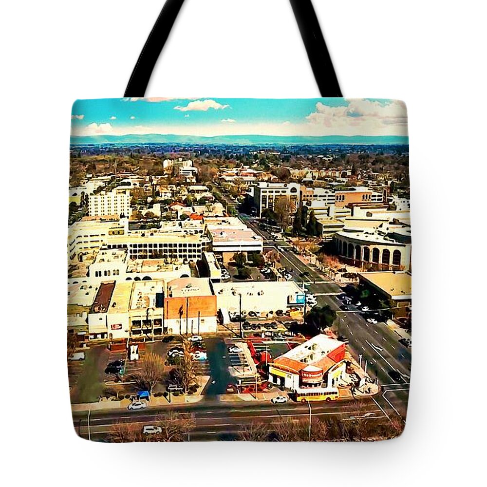 Modesto Tote Bag featuring the digital art Downtown Modesto, California - aerial by Nicko Prints