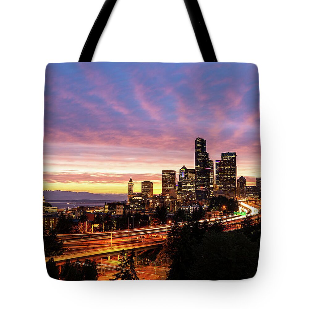 Outdoor; Sunset; Spring; Twilight; Downtown; Seattle; Highways; Elliot Bay; Night; Night Photography; Cloud; Strip Clouds; Washington Beauty; Pnw Photography Tote Bag featuring the digital art Downtown Seattle in Twilight by Michael Lee