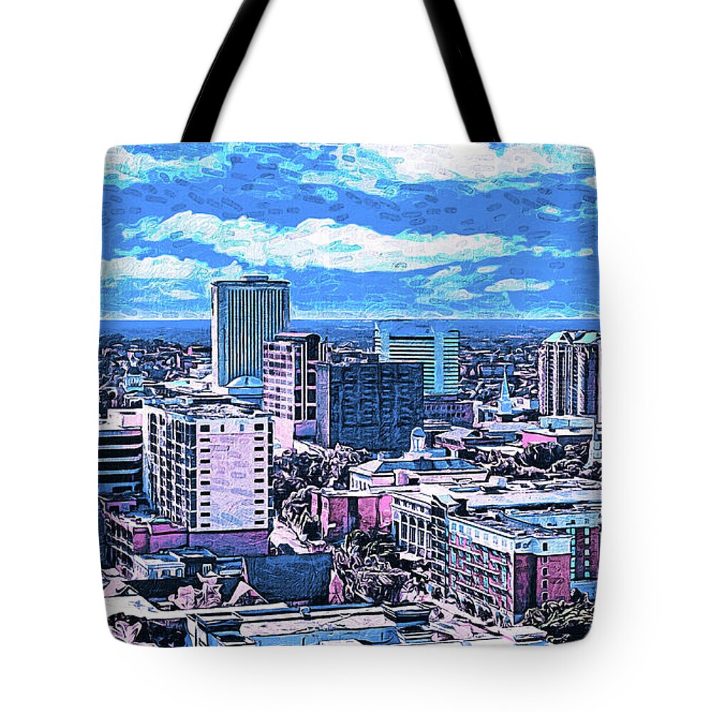 Tallahassee Tote Bag featuring the digital art Downtown Tallahassee, Florida - impressionist painting by Nicko Prints