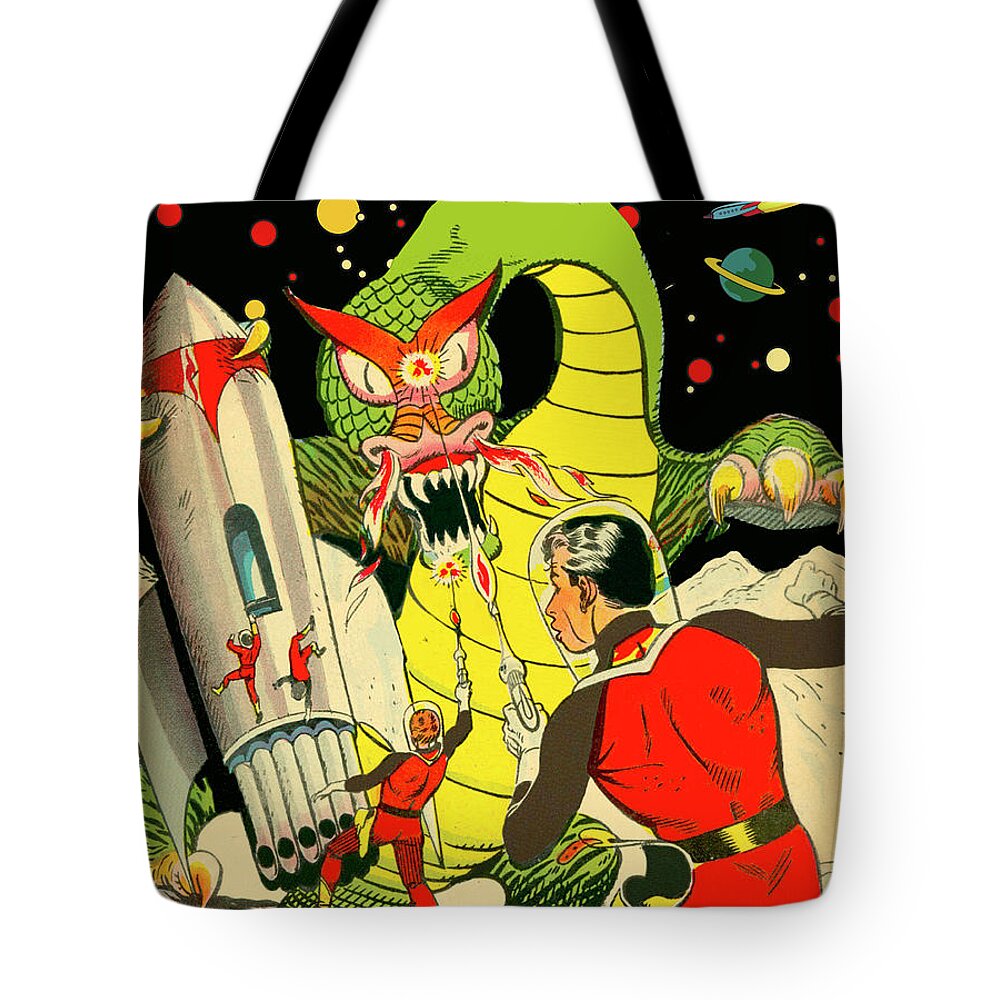 Dragon Tote Bag featuring the digital art Dragon with Rocket by Long Shot