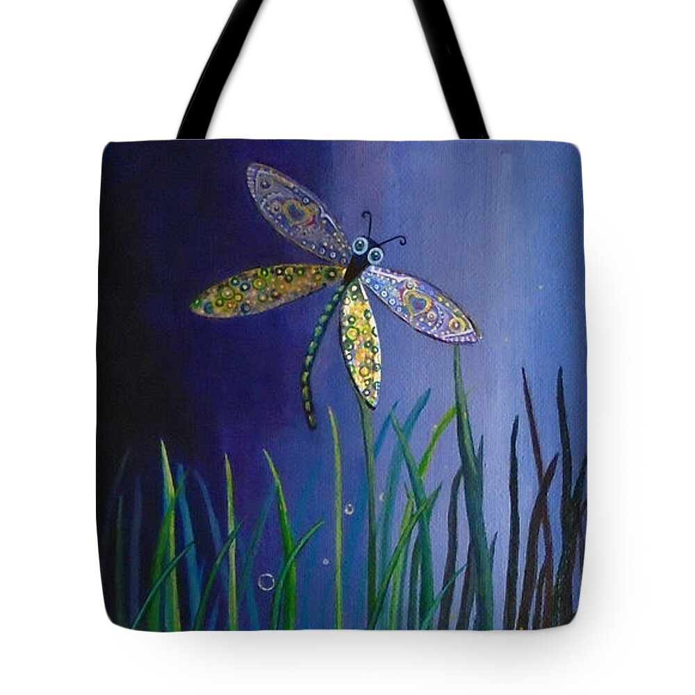 Dragonfly Tote Bag featuring the painting Dragonfly at the Bay II by Mindy Huntress