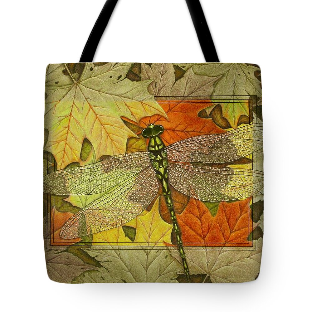 Kim Mcclinton Tote Bag featuring the drawing Dragonfly Fall by Kim McClinton