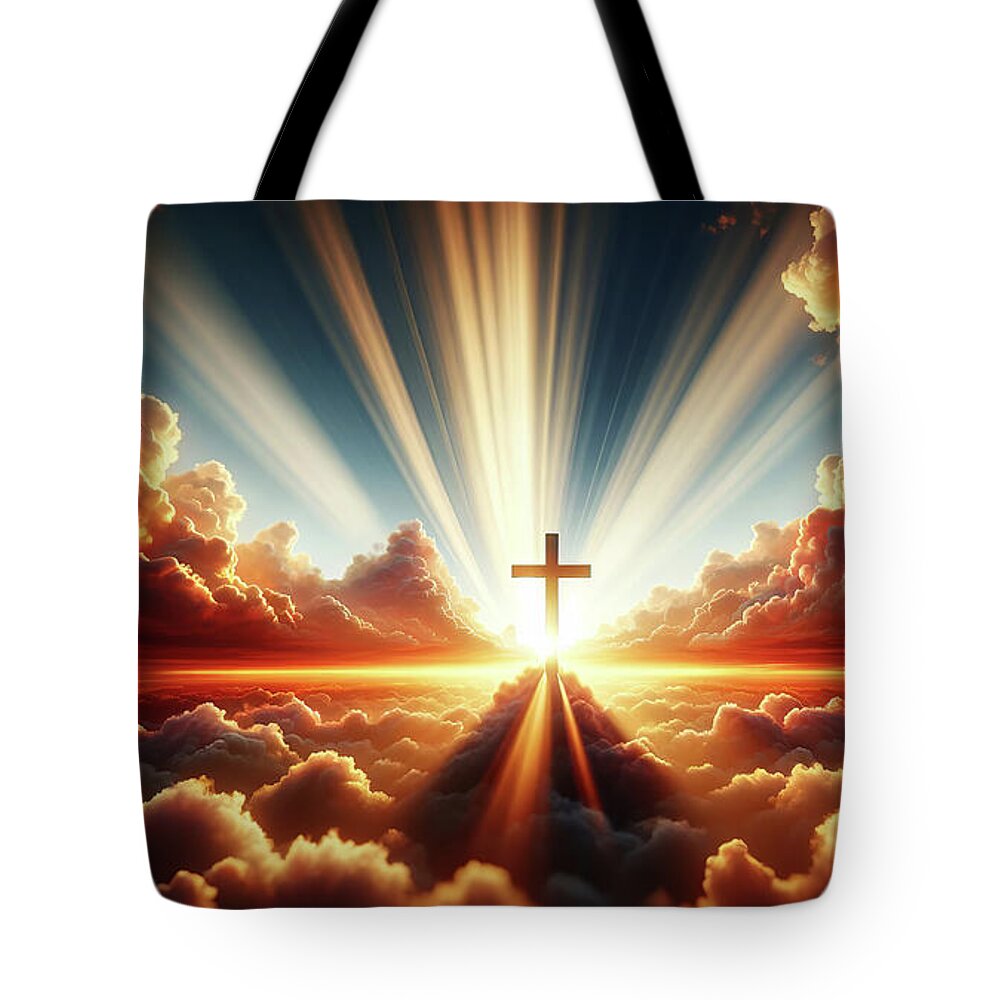 Cross Tote Bag featuring the digital art Dramatic sky with a radiant cross and sunbeams. by Odon Czintos