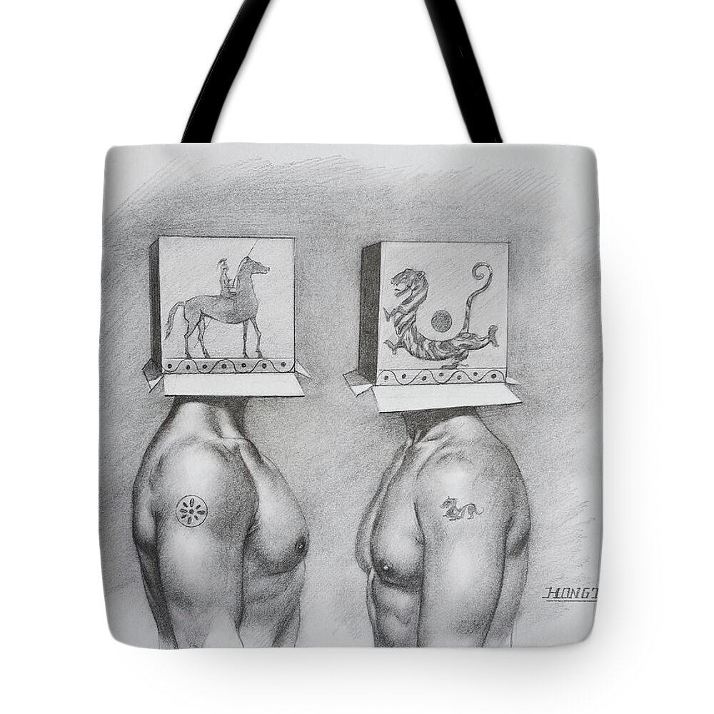 East And West Tote Bag featuring the drawing Drawing-East and West by Hongtao Huang