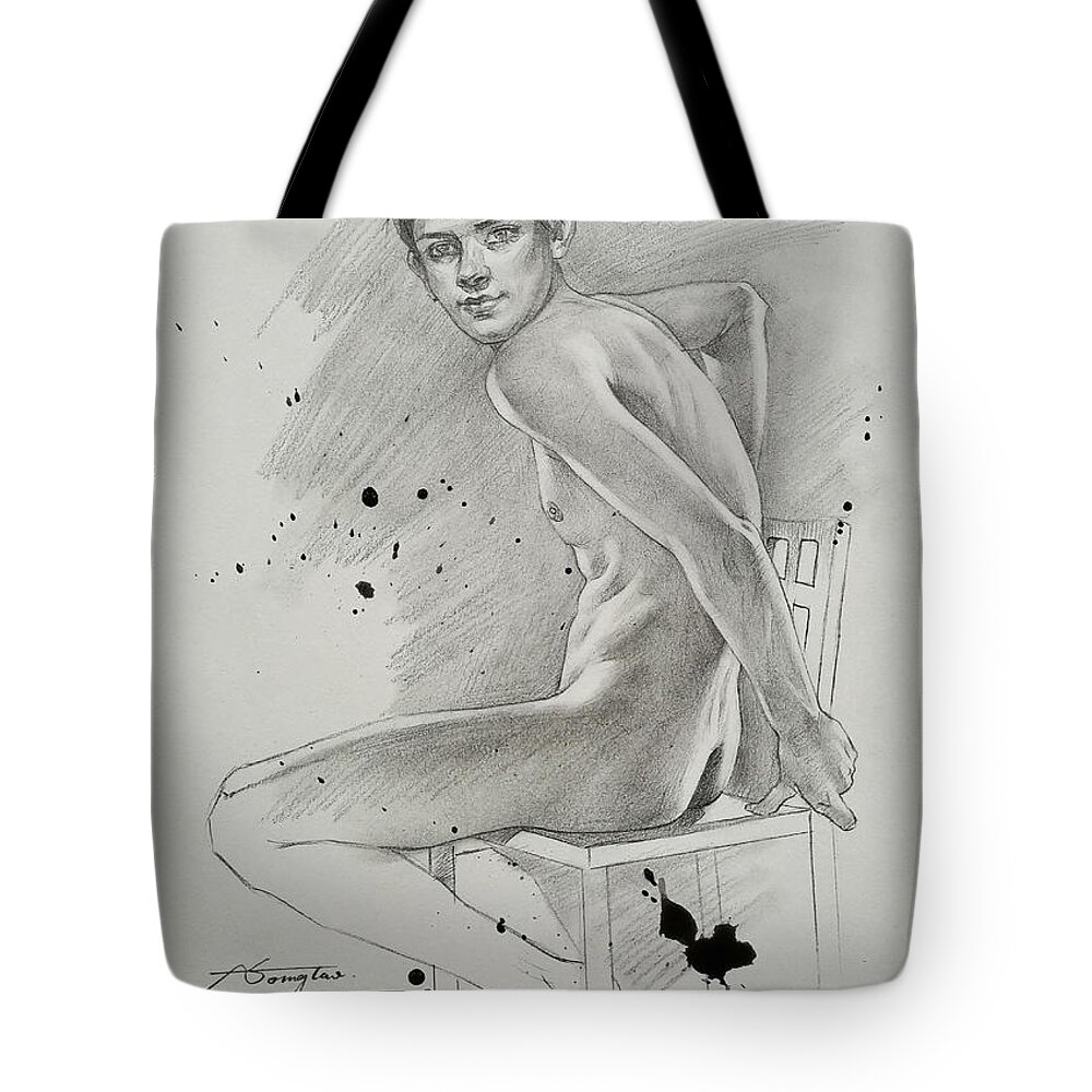 Male Nude Tote Bag featuring the drawing Drawing - Male nude #210319 by Hongtao Huang
