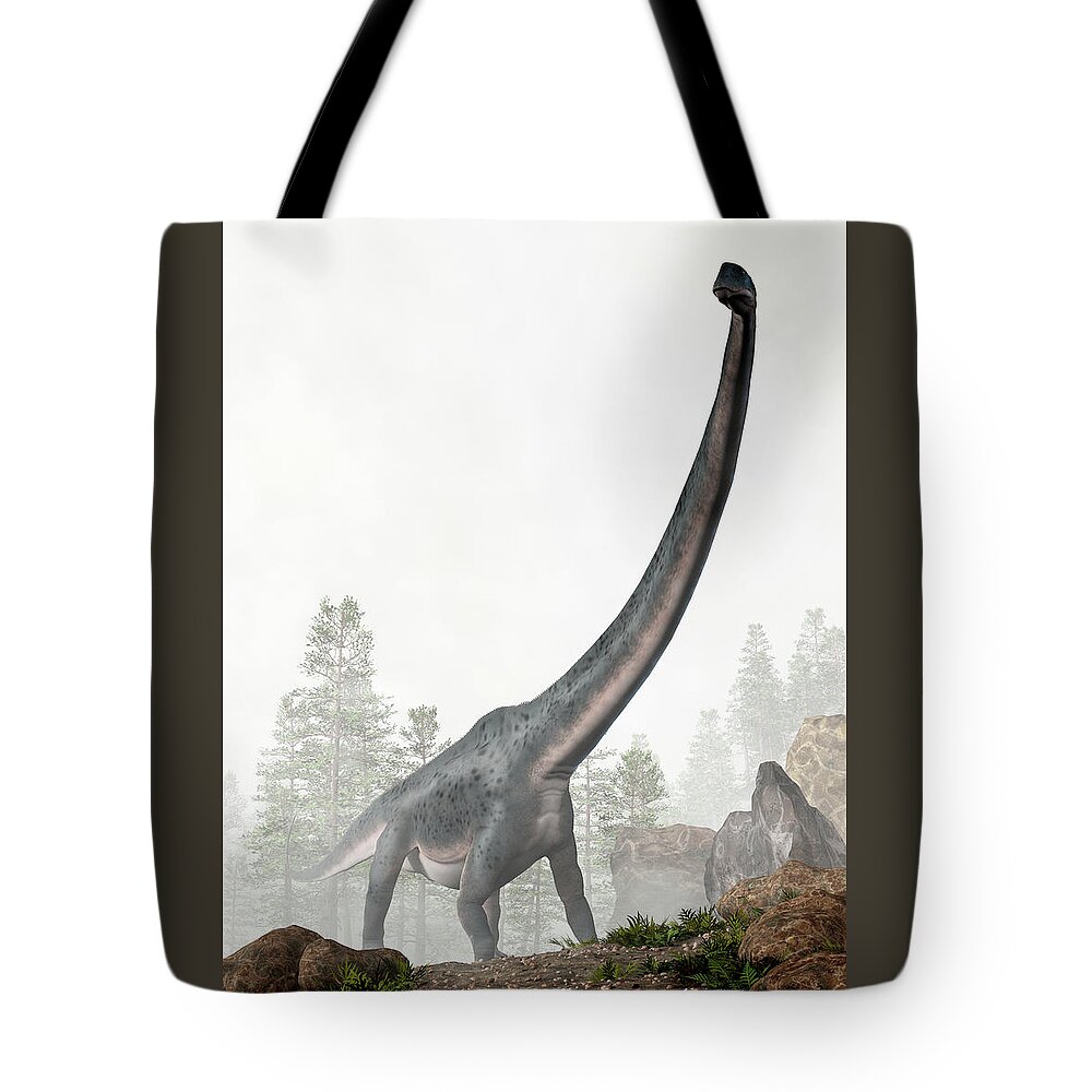 Dreadnoughtus Tote Bag featuring the digital art Dreadnoughtus in Fog by Daniel Eskridge